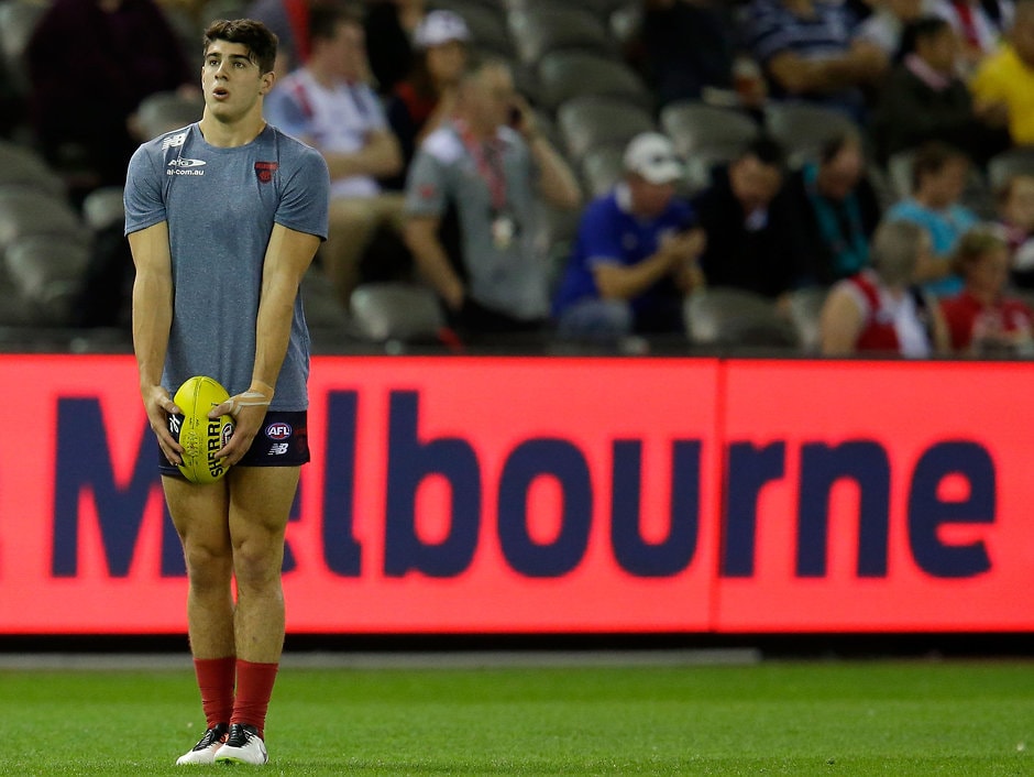 AFL 2016 Rd 06 - Melbourne v St Kilda MELBOURNE, AUSTRALIA - APRIL 30: Christian Petracca of the Demons warms up before the 2016 AFL Round 06 match between the Melbourne Demons and the St Kilda Saints at Etihad Stadium, Melbourne on April 30, 2016. (Photo by Darrian Traynor/AFL Media)
